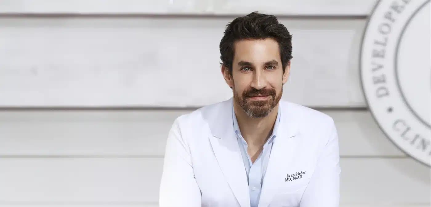 Dr. Evan Rieder in a white coat at 36 North Moore Dermatology, Tribeca, New York
